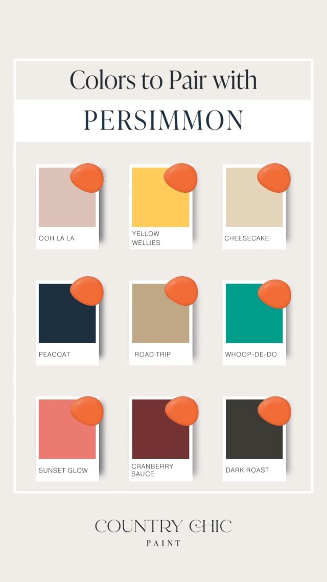 Wondering how this week's featured color, "Persimmon" might work in your home? Check out a few of our favorite color pairings to see if it fits your color scheme!

Persimmon is the perfect, bold, citrus orange. It’s an eye-catching color that makes us think of a refreshing glass of freshly squeezed orange juice. It pairs well with warm neutrals like Soiree as well as other bold colors like Peacoat for a complementary contrast. It also complements natural wood tones, such as oak or maple, and works well with metallic finishes like gold or brass. Persimmon is often used to add a touch of fun and playfulness to an otherwise neutral space.

For more help choosing paint colors, visit our Paint Color Visualizer: https://www.countrychicpaint.com/paint-visualizer/
.
.
.
.
.
.
.
.
.
.
#furnitureredesign #thriftstoreflip #farmhouse #chalkpaint #furnituredesigner #ecofriendlyproducts #furniturepaint #chalkpaint #homedecor #interiordesign #furnitureflipper #furniturepaint #modernfarmhouse #thriftstore #ecofriendly #ccp #countrychicpaint #countrydecor #farmhousechic #paint #vintage #ccppersimmon #orangepaint #crafting #ecofriendlyliving #DIY #thriftstorefinds #restoration #diy #colorpalette #paintcolors
