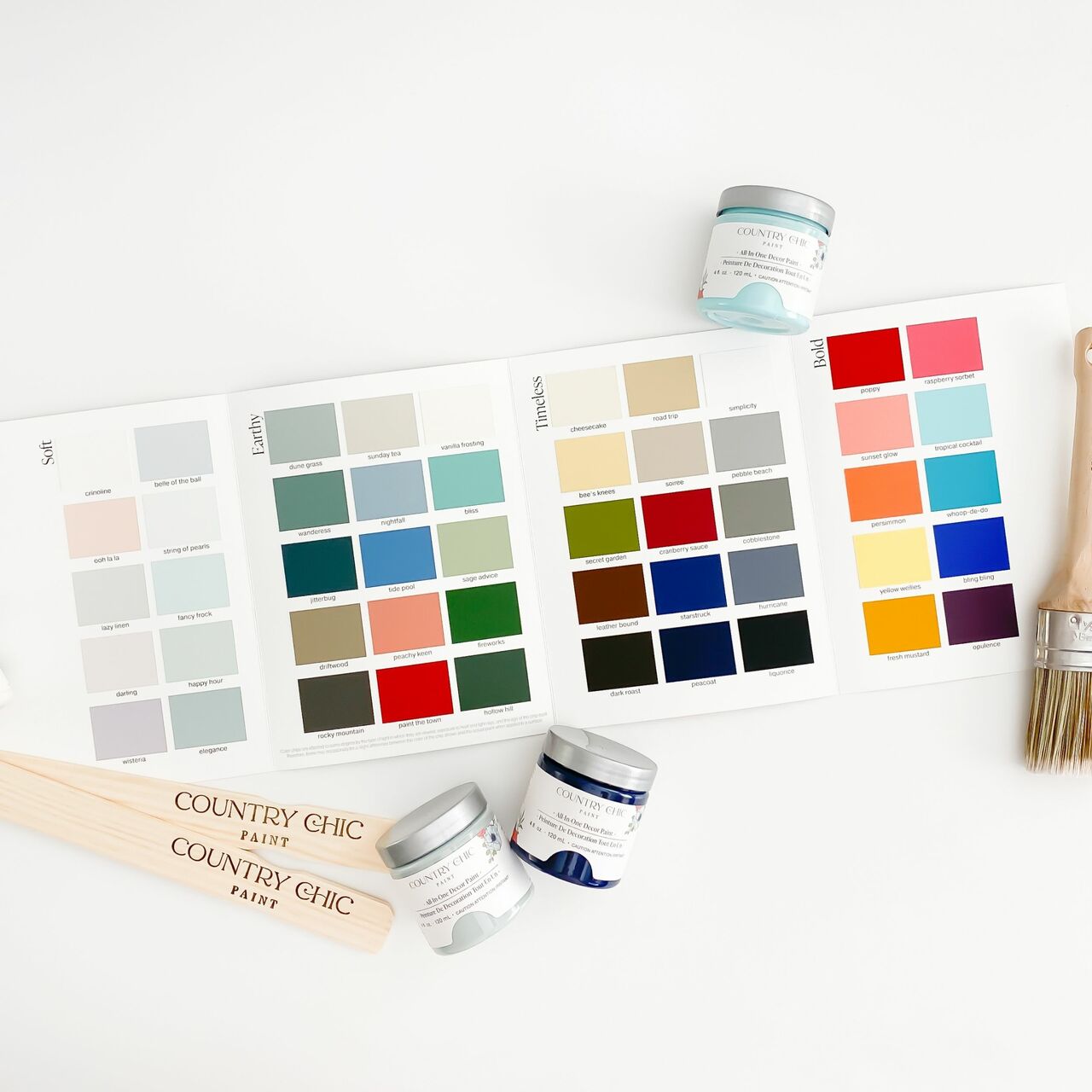 Inside View of Country Chic Paint Color Card with paint jars, paint brush, and stir stick