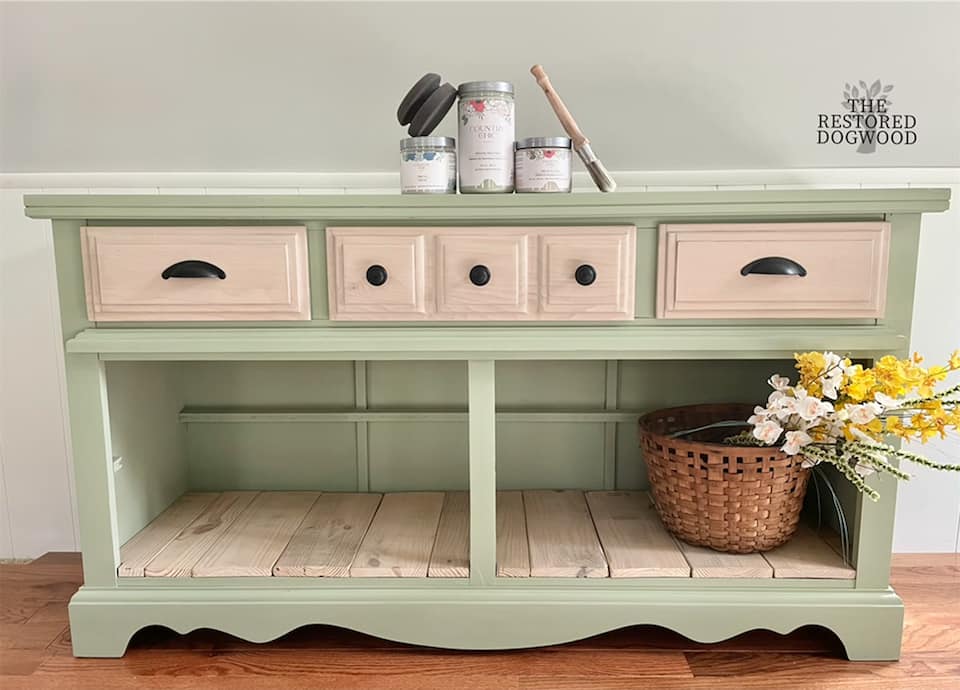 Sage green painted repurposed dresser with planked wood