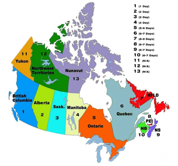 Image of Canadian shipping times by province.